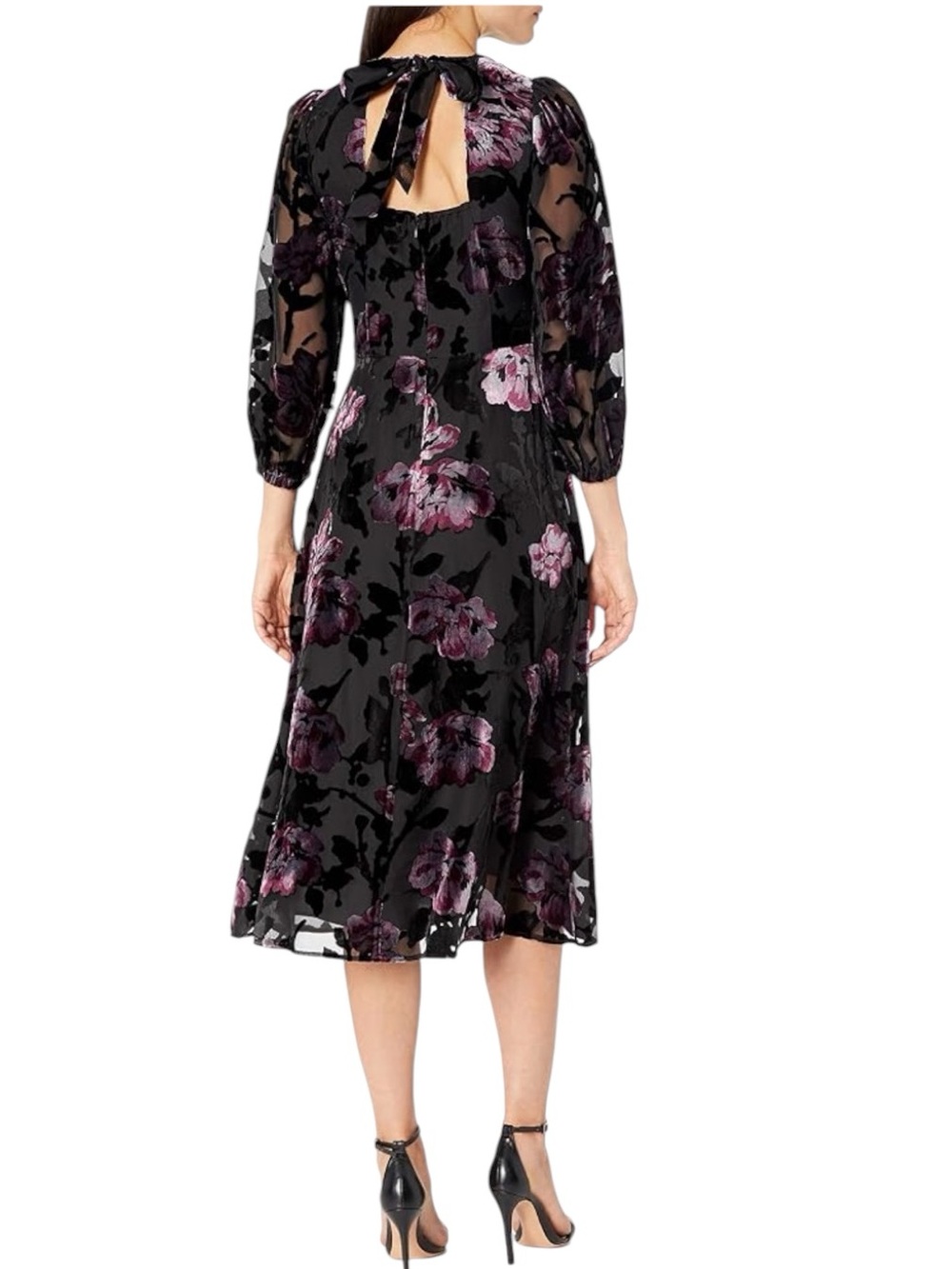 Eliza J Dark Floral Velvet Burnout Chiffon Midi Dress‎ Black Purple 6P